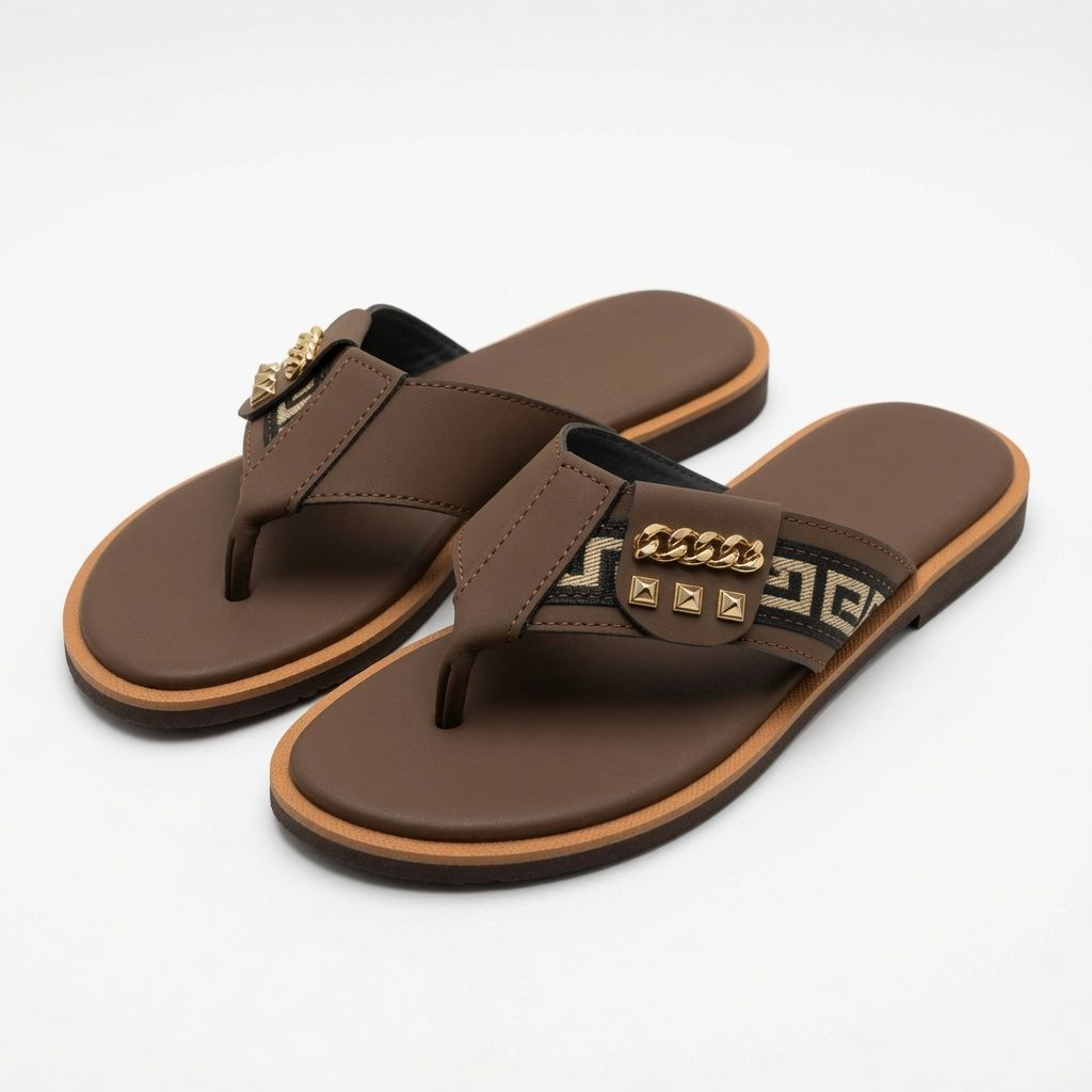 Mens Premium Brown Cross Strap Open Toe Slip On Sandals with Gold Accent